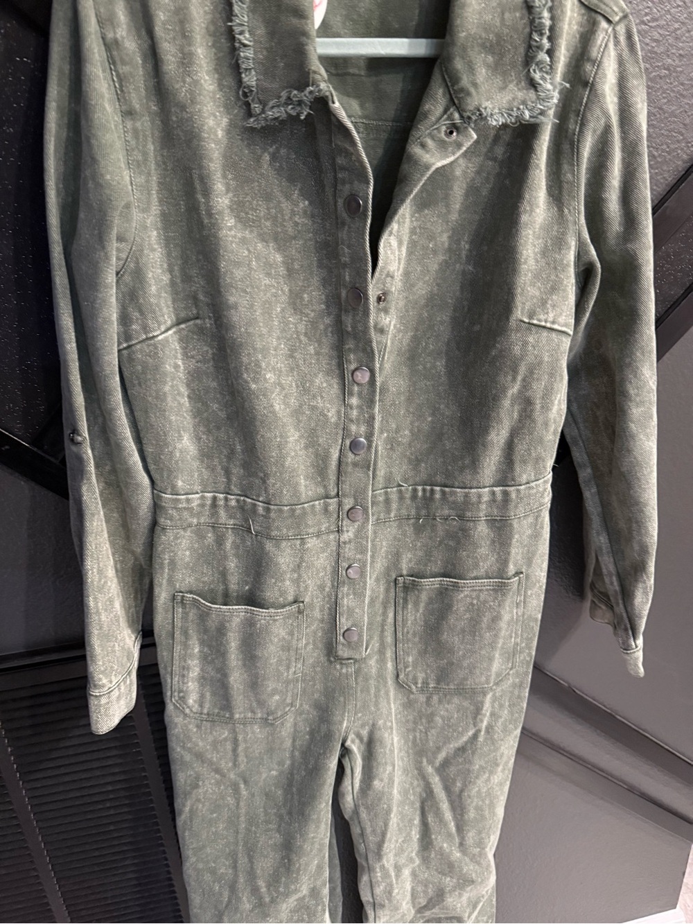 Umgee Olive Green Frayed Collar Utility Jumpsuit - Picture 3 of 7